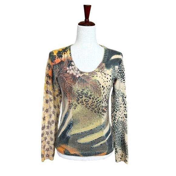 BCBGMazAzria Sequin Floral Animal Print Scoop Sweater. Tan Orange Size S #1284 - Picture 1 of 10